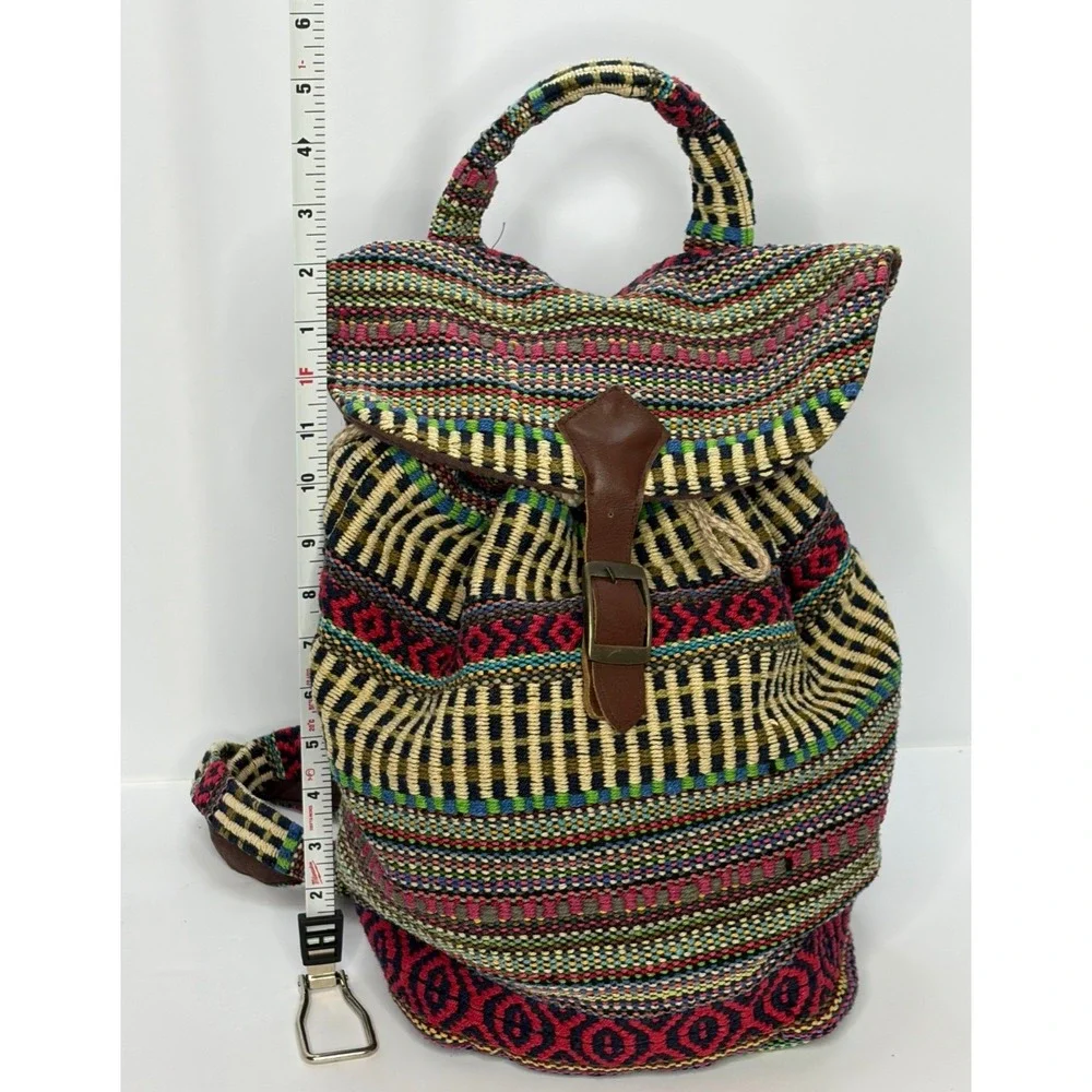 Boho Woven Tapestry Backpack Multi Color Geometric Drawstring Rucksack Festival